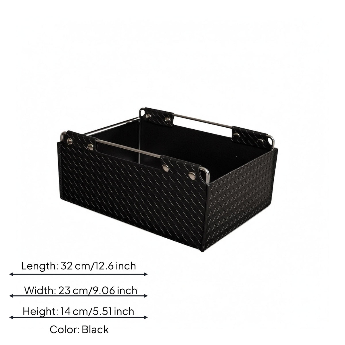 Woven Leather Basket Metal Corner Rods Rectangular Storage Basket Black Interior