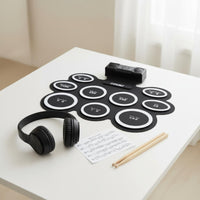 Portable Foldable Drum Practice Mat Beginner Friendly Tabletop Drum Kit Low Noise Digital Percussion Pad Headphall-in-All-in-One Audio Port for Beginners, Drummers, Travel, Apartment Living, Desktop, Studio