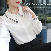 Ladies Long Sleeve Tops with Embroidered Detail for Women, Pleated Sheer Fabric Blouses for Office Wear, Spring Business Casual