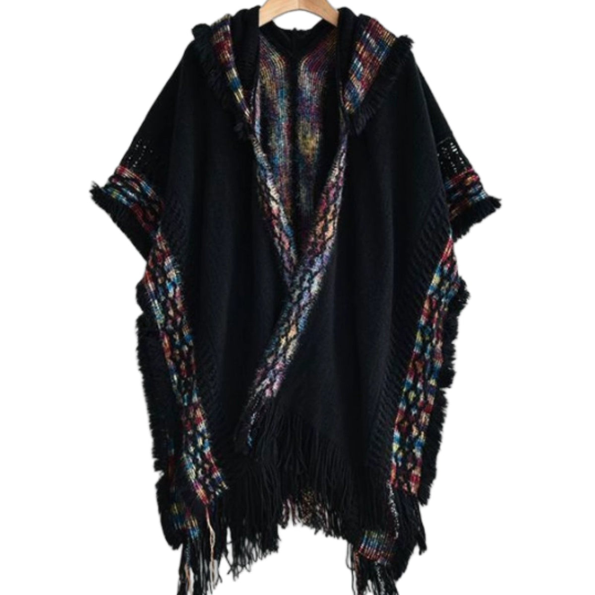 Ethnic Hooded Cape, Women's Pullover Shawl, Travel Scarf, Tassel Design, Multi-Color, Autumn, Photo Outfit