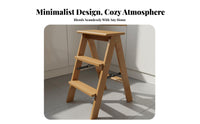Foldable 3 Step Folding Ladder Space-Saving Bamboo Step Stool Multi-Functional Convertible Ladder Chair Sturdy and Stable for Homeowners, Adults, Seniors, Kitchen, Living Room, Office, Study
