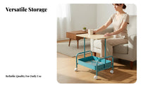 On Wheels Rolling Side Table Multi-Functional 2-Tier Utility Trolley Space Saving Mobile Bedside Cart Sturdy Frame for Apartment Dwellers, Distant Workers, Living Room, Bedroom, Small Areas, Home Office