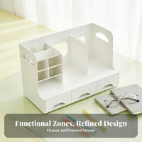 Space Saving Multi-Compartment Storage Box Multiple Compartments Bookend Organizer with Drawers Large Capacity Statisinglery Holder Multifunctional 3-in-1 Design for Students, Teachers, Parents, Desk, School, Study Room, Vanity Table