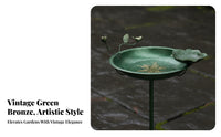 Vintage Green Copper Bird Bath Feeder Flower-Shaped Metal Bird Bath Shallow Basin Garden Decor Ground Stake for Park, Scenic Area, Balcony