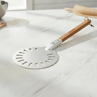 Perforated Pizza Peel with Wooden Handle Anodized Pizza Tuner Transfer with Long Handle Lightweight for Home Cooks, Outdoor Cooking