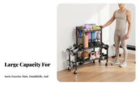 Space Saving Exercise Mat Storage Rack Large Capacity Rolling Exercise Mat Rack Safety Brakes Home Gym Storage Cart Heavy Duty for Apartment