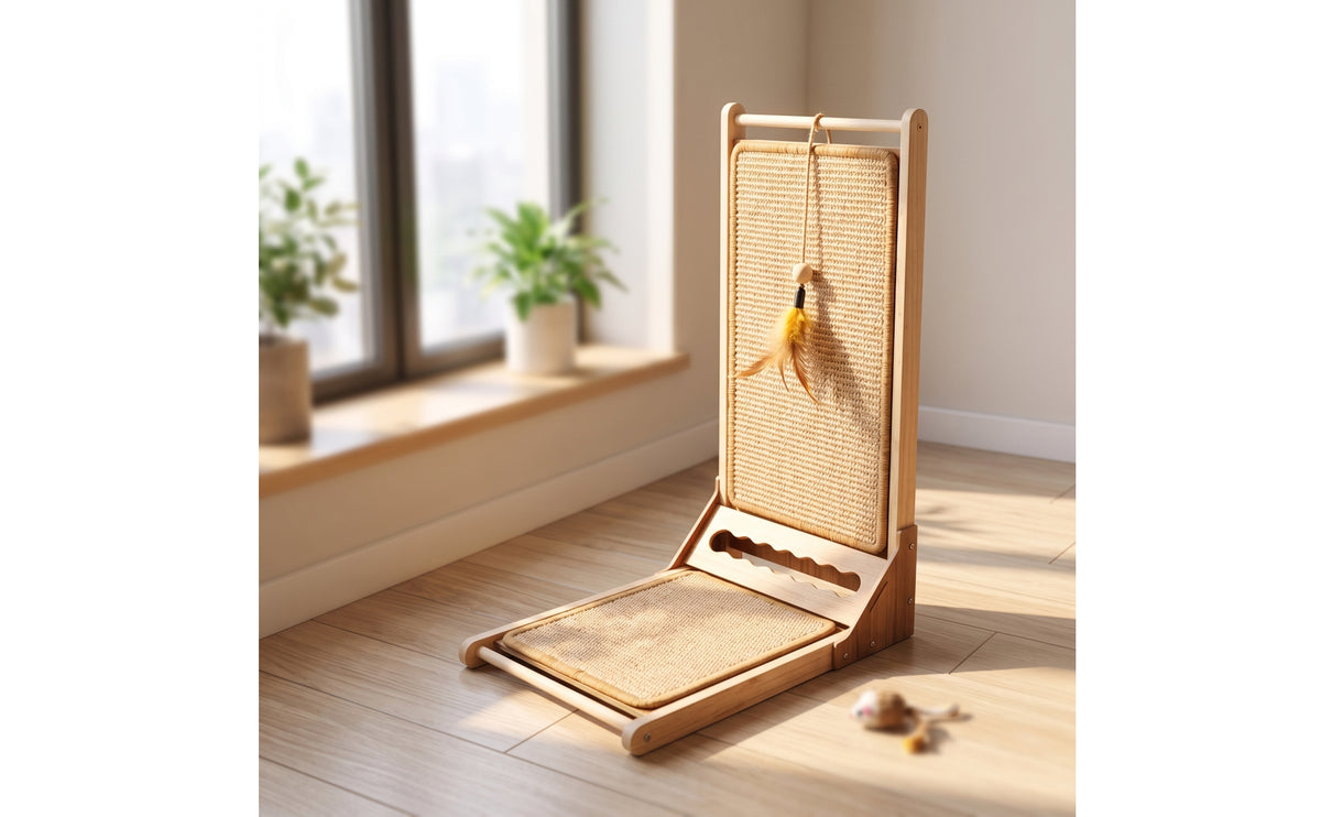 Vertical Cat Scratching Board with Toy Interactive Sisal Cat Scratcher Angled Scratch Pad Freestanding for Cats, Kittens, Small Apartments, Living Room
