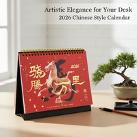 2026 Chinese Style Red Desk Calendar with Gilded Accents - Year of the Horse Monthly Planner for Office & Home
