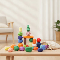 28 Pieces Wooden Stacking Rocks Faceted Wooden Balancing Stones Stacking Stones Smooth Toy Geometric for Toddlers, Playroom