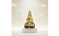 Peace Blessing Guanyin Statue Gold Finish Golden Guanyin Figurine Ornate Details Lotus Base Buddha Statue Traditional Chinese Design for Buddhist Believers, Office Desk