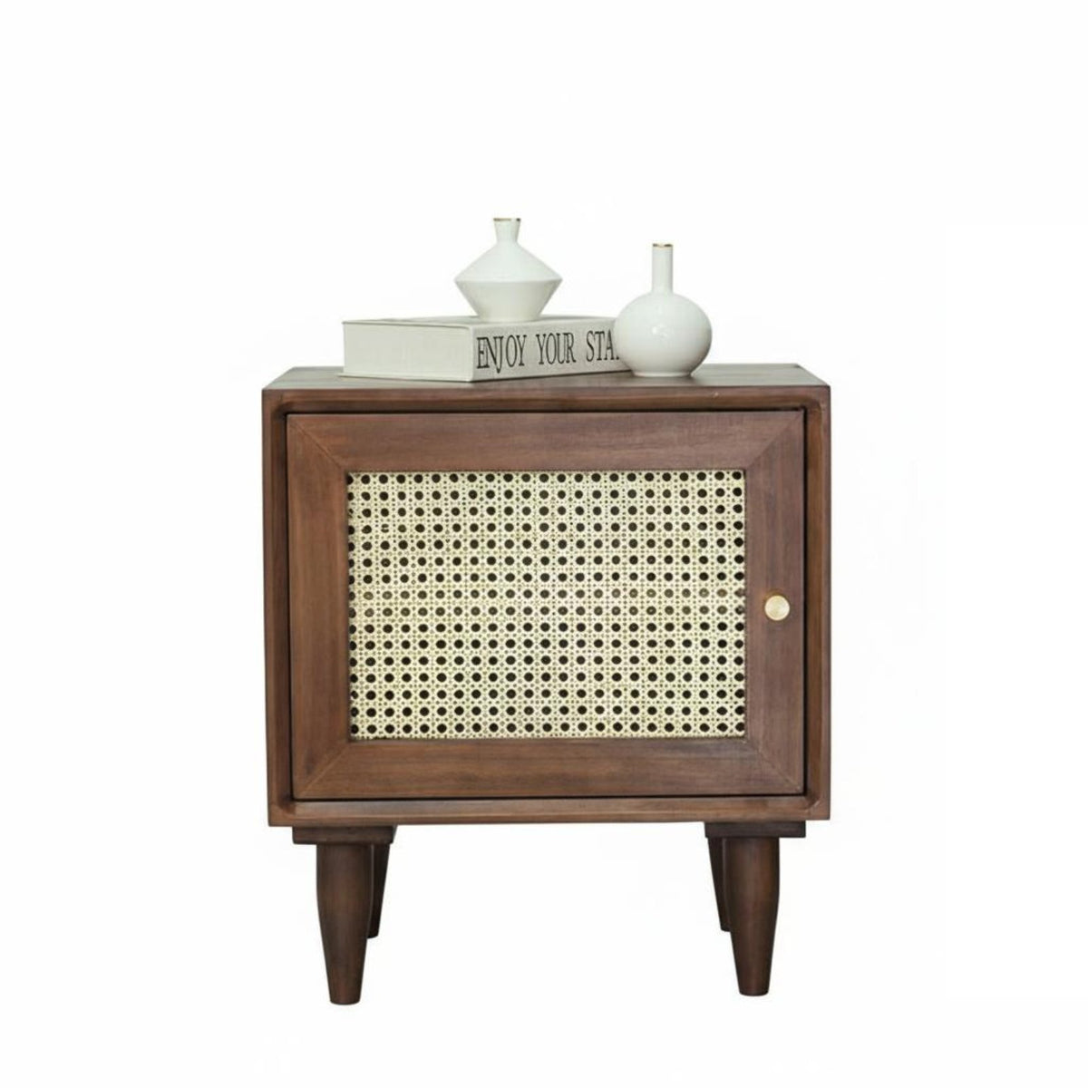Nordic aesthetic Single-Drawer Woven Table minimalist contemporary Design Nightstand Rattan Weave Accent Bedside Cabinet Natural Wood Finish for Boho Decor lovers, Apartment Dwellers, Homeowners, Small Spaces, Dorm Room, Hallway, Office