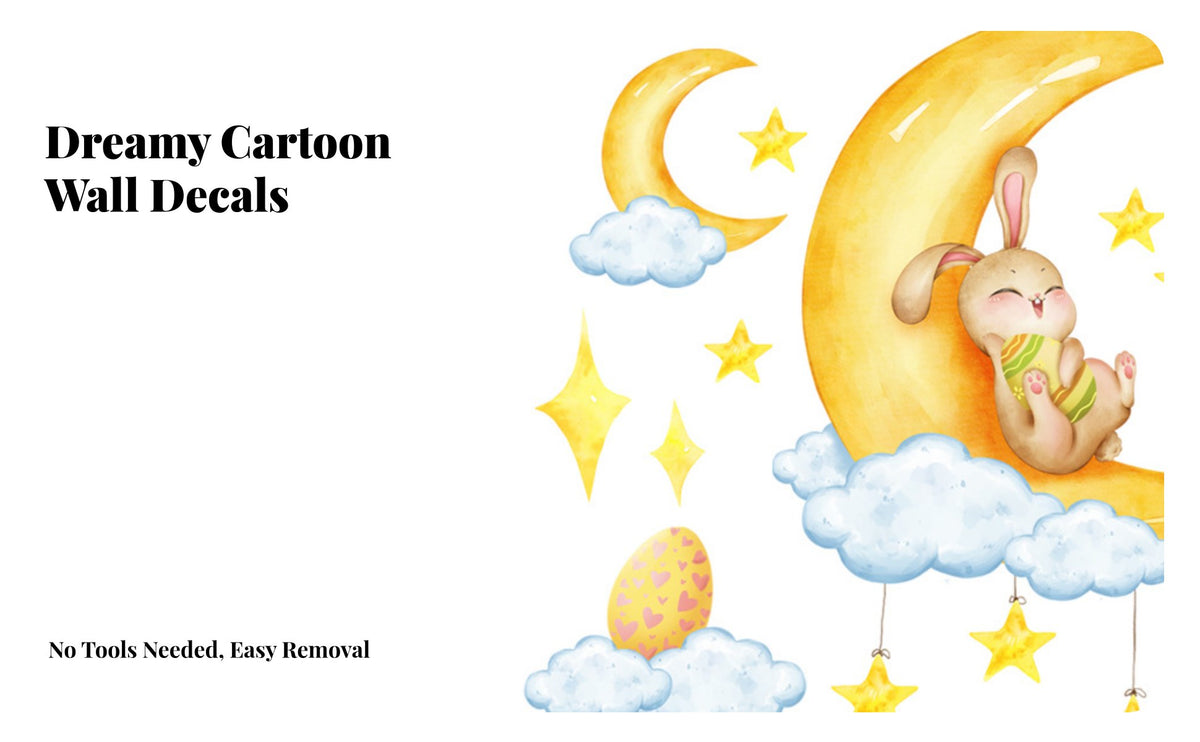 Bunny on Moon Nursery Sticker Easy to Apply Wall Decal for Kids, Young Children, Playroom, Living Room