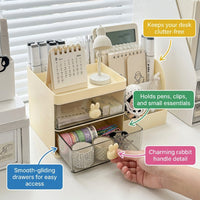Desktop Book Stand Organizer with Drawer and Pen Holder, Desk Storage for Office Supplies, Large Table Top with Compartments for Students