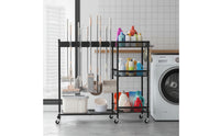 AllComplete Cleaning Tool Storage Rack Freestanding Broom Holder with Cleaning Supplies Organizer Wheeled Mop and Broom Holder Upright for Homeowners, Janitors, Utility Room, Garage, Closet