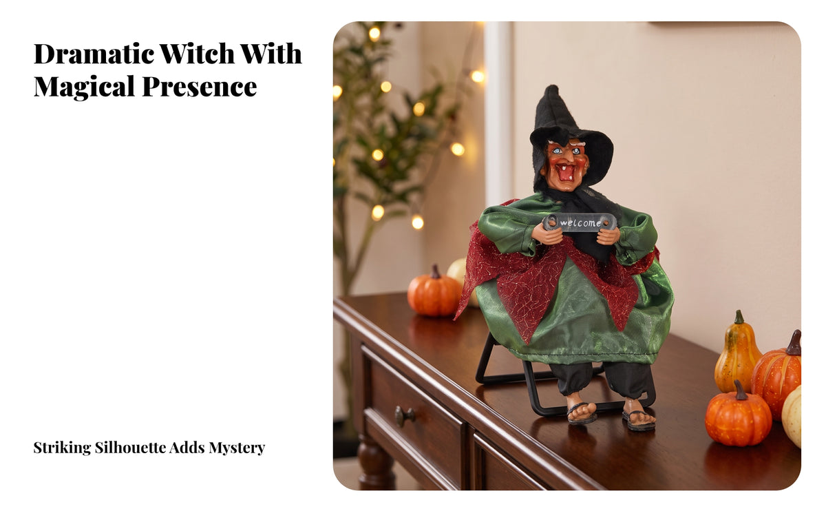 Witch Figurine with Folding Support | Spooky Halloween Decoration, Welcome Sign Detail, for Entryway