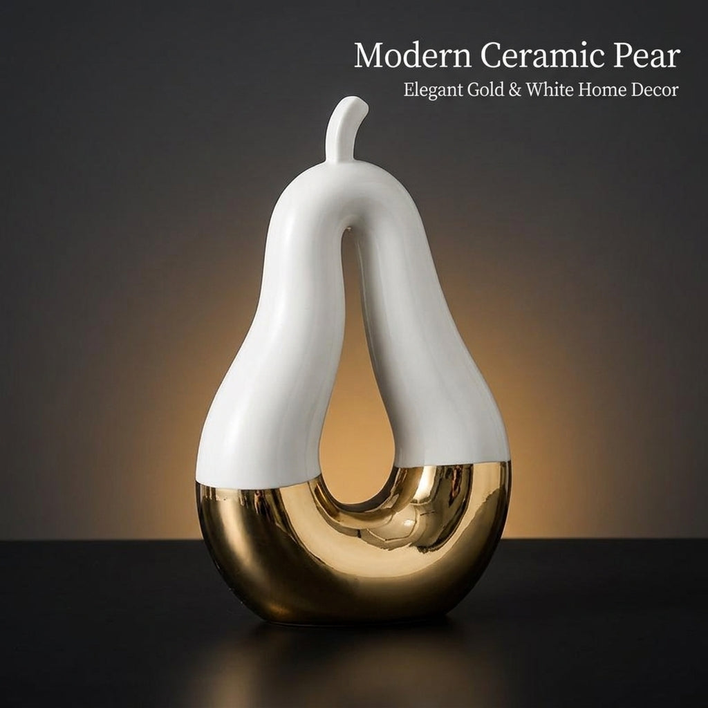 Living Room Decor Ceramic Fruit Sculpture with Gold Plating, Luxury Pear Figurine for Entryway Display and Shelf Decoration