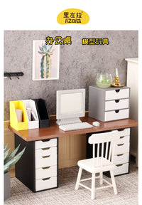 Miniature Model Food Play Mini Office Desk File Cabinet Black Walnut Cherry Wood 1/12 Dollhouse