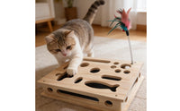 Interactive Feline Scratch Challenge Box Multi-Hole Wooden Feline Maze Natural Instincts Sturdy Wood for Cats, Indoor