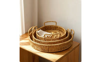 3 Pieces Imitation Rattan Trays Versatile Woven Trays with Handles Rustic Woven Tray for Tea Table