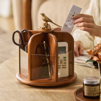 Rotating Cosmetic Display Case Wooden Cosmetic Display Case with Bird Ornament Multi-Compartment Rotating Organizer with Clear Panels