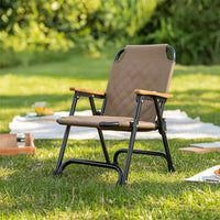 Quilted Kermit Chair Low-Height Folding Chair with Wooden Armrests Stable Furniture Sturdy for Fishing