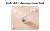 Light Luxury Accent Bunny Ornament with Flower Premium Craftsmanship White Porcelain Bunny Statue Elegant Design for Desktop, Car Dashboard