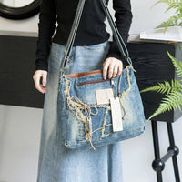 Travel Bag and Shoulder Bag for Daily Use, Versatile Work Bag with Crossbody Style, Denim Bags for Women with Patchwork, Single Shoulder Strap