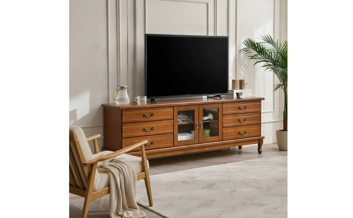 TV Cabinet with Glass Doors Sturdy TV Stand with Glass Doors Three-Tier Wooden Entertainment Center for Living Room, Small Apartment