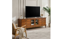 TV Cabinet with Glass Doors Sturdy TV Stand with Glass Doors Three-Tier Wooden Entertainment Center for Living Room, Small Apartment