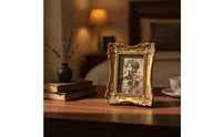 Ornate Carved Picture Frame Antique-Style Resin Photo Frame Gold-Toned Tabletop for Living Room, Bedroom, Entryway
