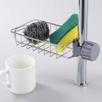 Faucet Rack Sponge Holder and Rag Holder with Towel Bar, Stainless Steel Organizer with Faucet Clip for Home Kitchen Sink, Modern Minimalist Style