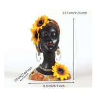 Female Bust Statue with Headwrap Matte Black Decoration Floral for Living Room