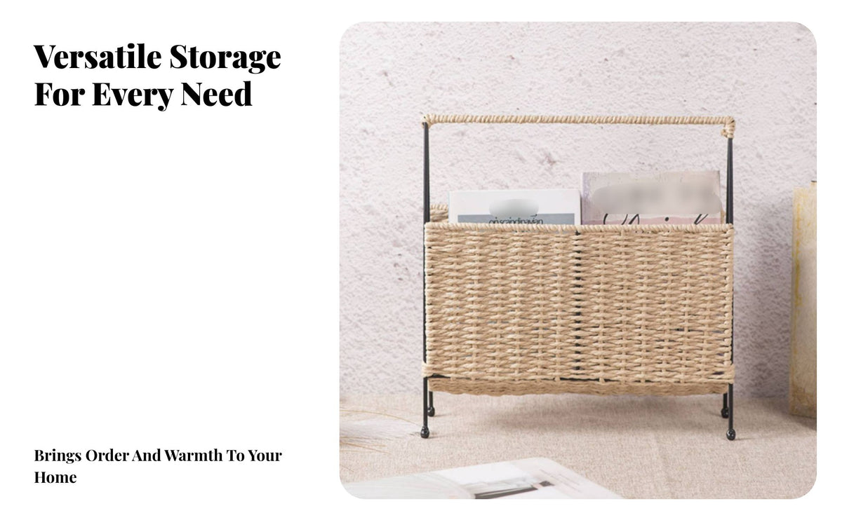 Straw-Woven Newspaper Stand Handwoven Woven Magazine Holder Japanese Design Theme Standing Book Basket for Living Room, Bedroom, Entryway