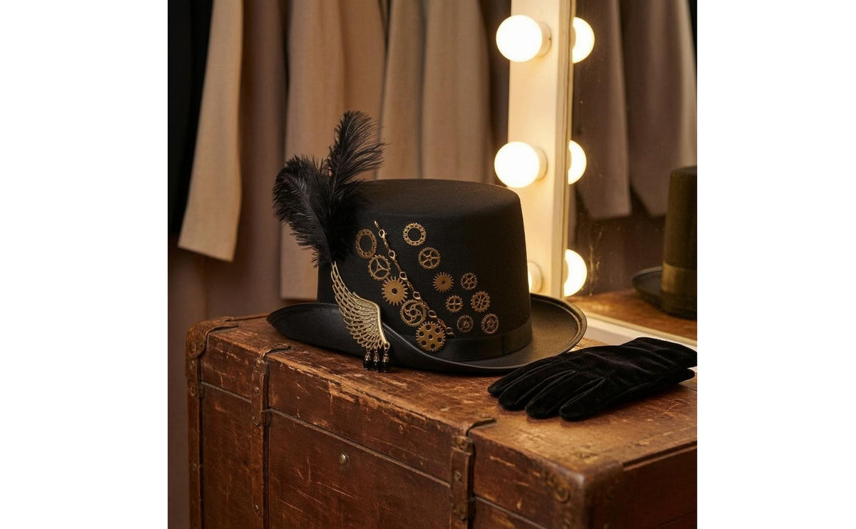 Gold-Tone Gothic Steampunk Top Hat Wide Brim Steampunk Top Hat Dress-up Accessory