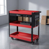Stable Three-Tier Tool Cart with Drawer Customizable Mobile Service Cart with Pegboard Secure Rolling Workshop Organizer Vertical for DIY Enthusiasts, Repair Station