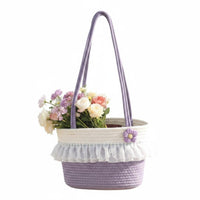 Two-Tone Color Woven Tote Bag with Lace Flower Applique Summer Beach Bag Large Capacity for Shopping