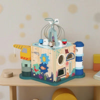 Ocean-Themed Wooden Activity Cube Educational Activity Cube with Bead Maze Compact Motor Skills Toy Developmental for Toddlers, Babies, Kids, Playroom, Daycare, Preschool