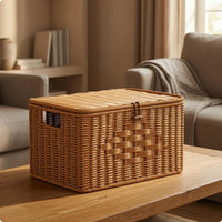Natural Brown Imitation-Rattan Storage Box Rounded Edges Handmade Lidded Box Handle Openings Rectangular Storage Basket Handwoven