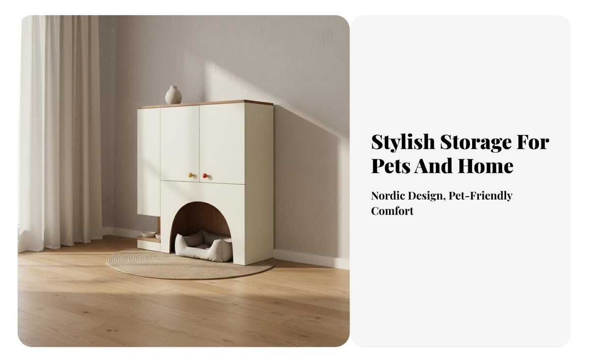 Space-Saving Multifunctional Pet Cabinet Sturdy Construction Cat House Storage Cabinet Mid-Century-Century Modern Design Indoor Pet Crate Furniture Walnut Wood Grain for Living Room, Bedroom