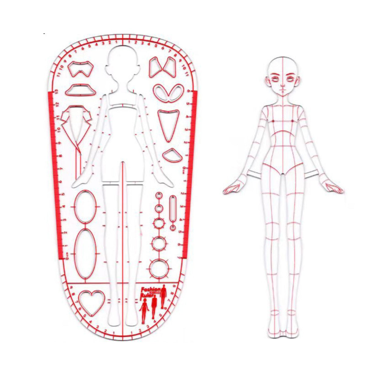 2 Pieces Plastic Fashion Design Template with Figure Outlines Flat Human Body Drawing Template Easy to Use Fashion-Figure Ruler Clear Scale for Students