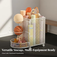 Large Capacity Exercise Mat and Ball Storage Cart 360° Swivel Casters Rolling Sports Storage Cart Space Saving Rolling Sports Gear Organizer for Families, Home Gym, Playroom