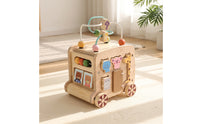 Wooden Activity Bus Multifunctional Activity Cube with Bead Maze Developmental Shape Sorter with Beads for Infants, Preschoolers