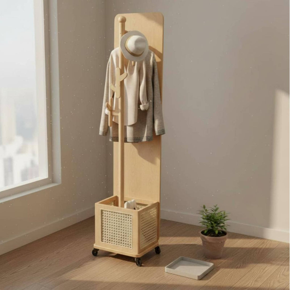 Rolling Hall Tree with Mirror Unrestricted Standing Garment Stand Mobile Design