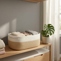Two-Tone Woven Cotton Rope Basket Rounded Corners Cotton Rope Basket Soft Open-Top Organizer Bin Decorative