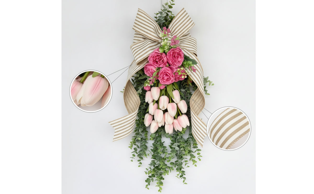 Lifelike Rose and Blossom Swag Vertical Door Swag with Bow Full Wreath Farmhouse for Wall, Porch