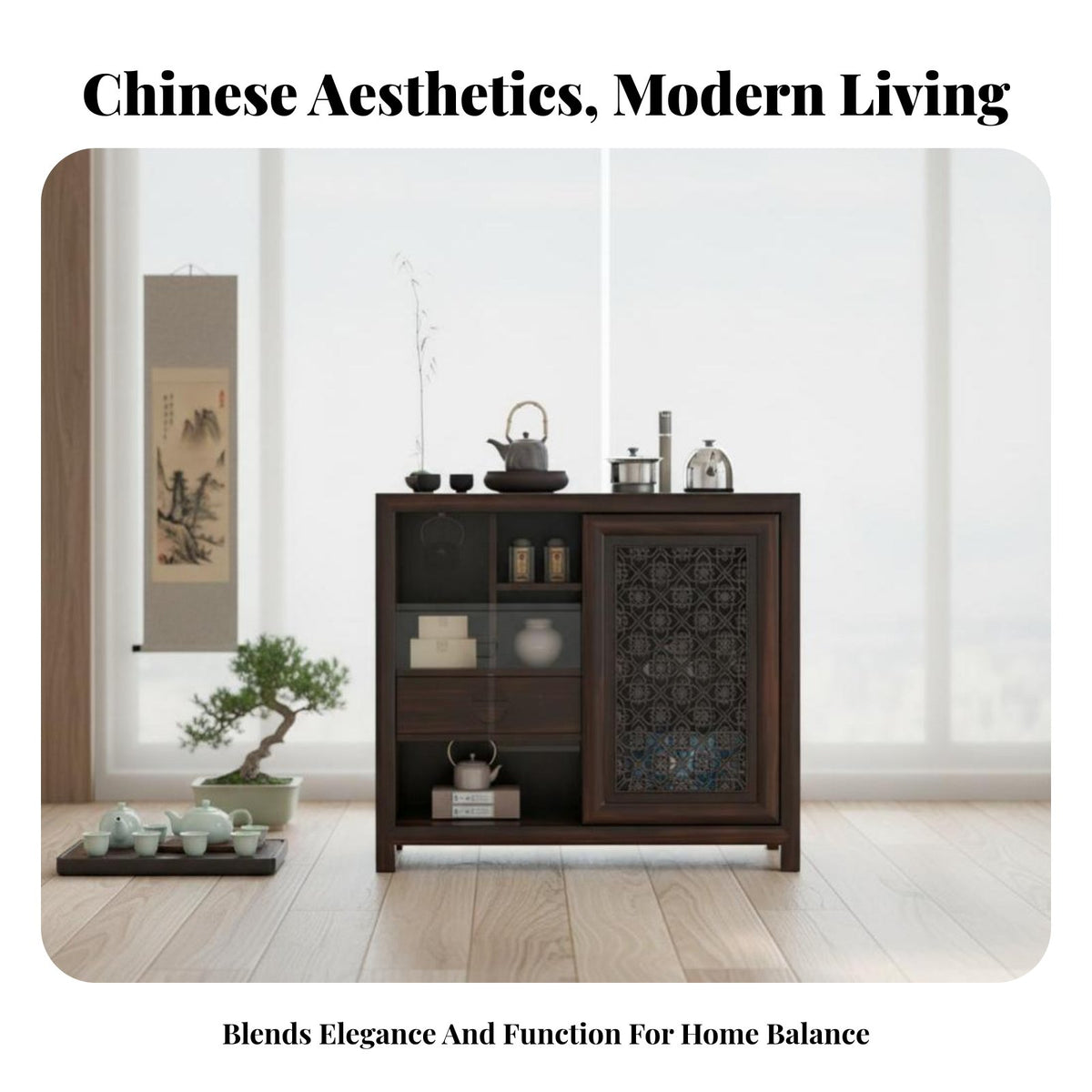 Solid Wood Construction Chinese Design Tea Sideboard Fine Craftsmanship Storage Cabinet Versatile Design Credenza Lattice Pattern Door for New Homeowners, Families, Dining Room, Study, Entryway, Kitchen