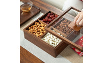 Wooden Dry Fruit Box with Compartments 4-Compartment Divided Serving Tray with Lid Multi-Purpose Snack Organizer with Clear Lid Space-Saving for Hosts, Holiday Gatherings, Tabletop, Countertop, Tea Table