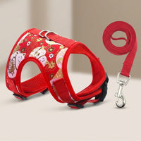 Cat Vest Harness and Leash Set, Polyester Walking Gear with Non-Retractable Harness Leash, Outdoor Chinese New Year Cat Supplies for M L Sizes