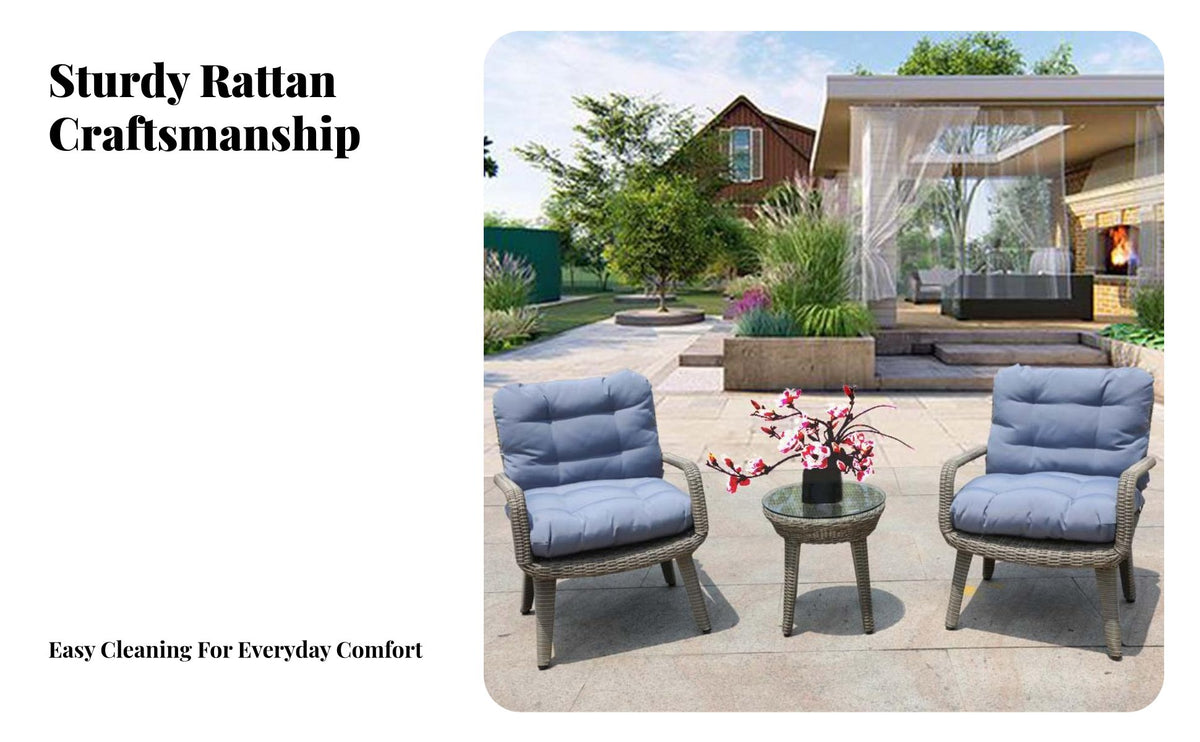 3 Pieces Tempered Glass Leading 3 Piece Patio Set Comfortable Rattan Conversation Set Thick Cushions Cushi Single D Wicker Armchairs All-Weather for Couples, Homeowners, Adults, Garden, Porch, Backyard, Poolside
