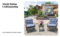 3 Pieces Tempered Glass Leading 3 Piece Patio Set Comfortable Rattan Conversation Set Thick Cushions Cushi Single D Wicker Armchairs All-Weather for Couples, Homeowners, Adults, Garden, Porch, Backyard, Poolside